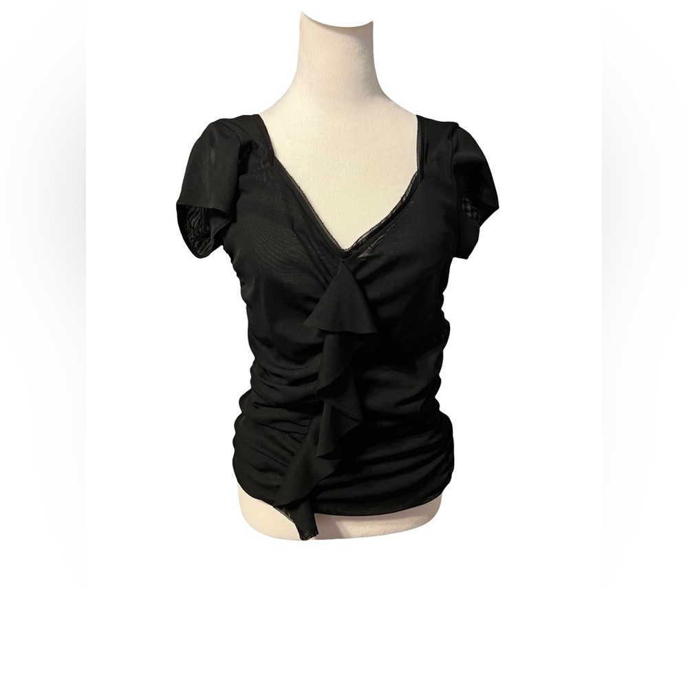 White House Black Market Women’s Black Mesh Cap Ruffle Top V Neck Size Medium
